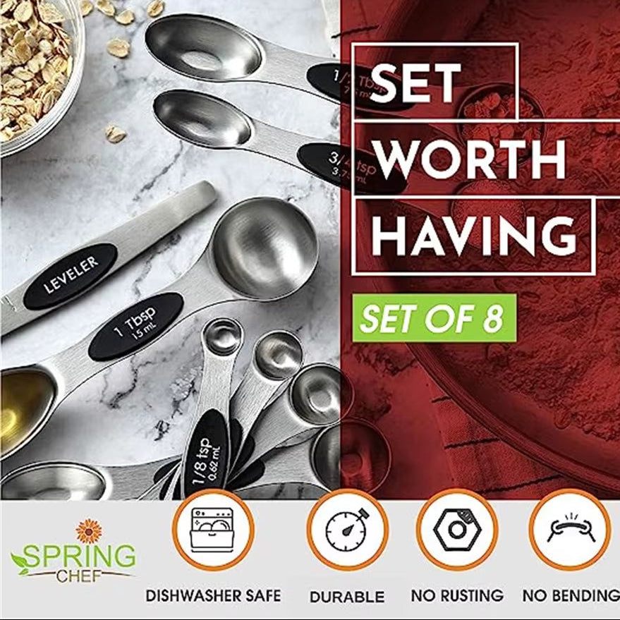 Stainless Steel Magnetic Measuring Spoons Set Heavy Duty Metal Kitchen Gadgets for Baking & Cooking, Fits in Most Kitchen Spice